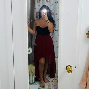 strappy black and red hi-lo dress